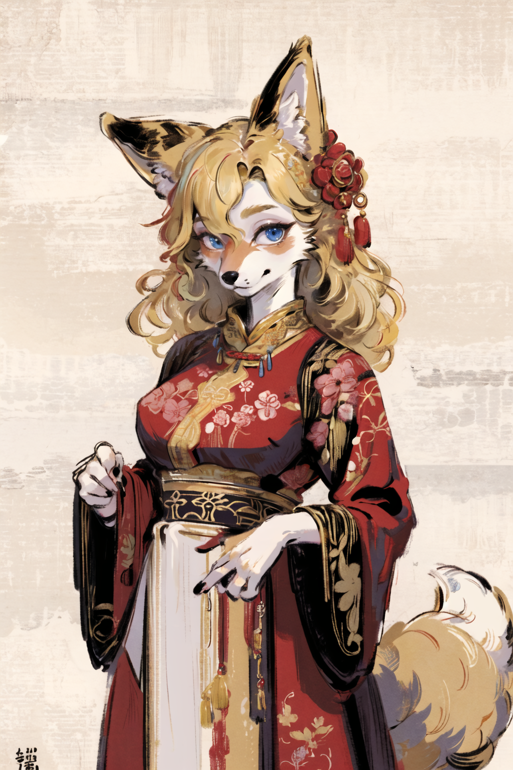 00884-63627215-masterpiece,highres,furry fox girl,solo,blonde,chinese dress, hair ornament, anicent china_looking at viewer, _.png